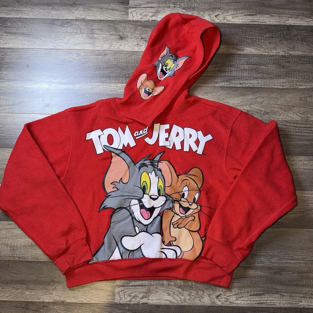 Tom & Jerry Hoodie Size L Red Fleece 100% Polyester Raglan Sleeve Pullover